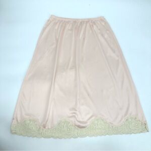 Vintage Nylon Half Slip Pale Pink Cream Lace Trim Pull On Womens Lingerie STAINS